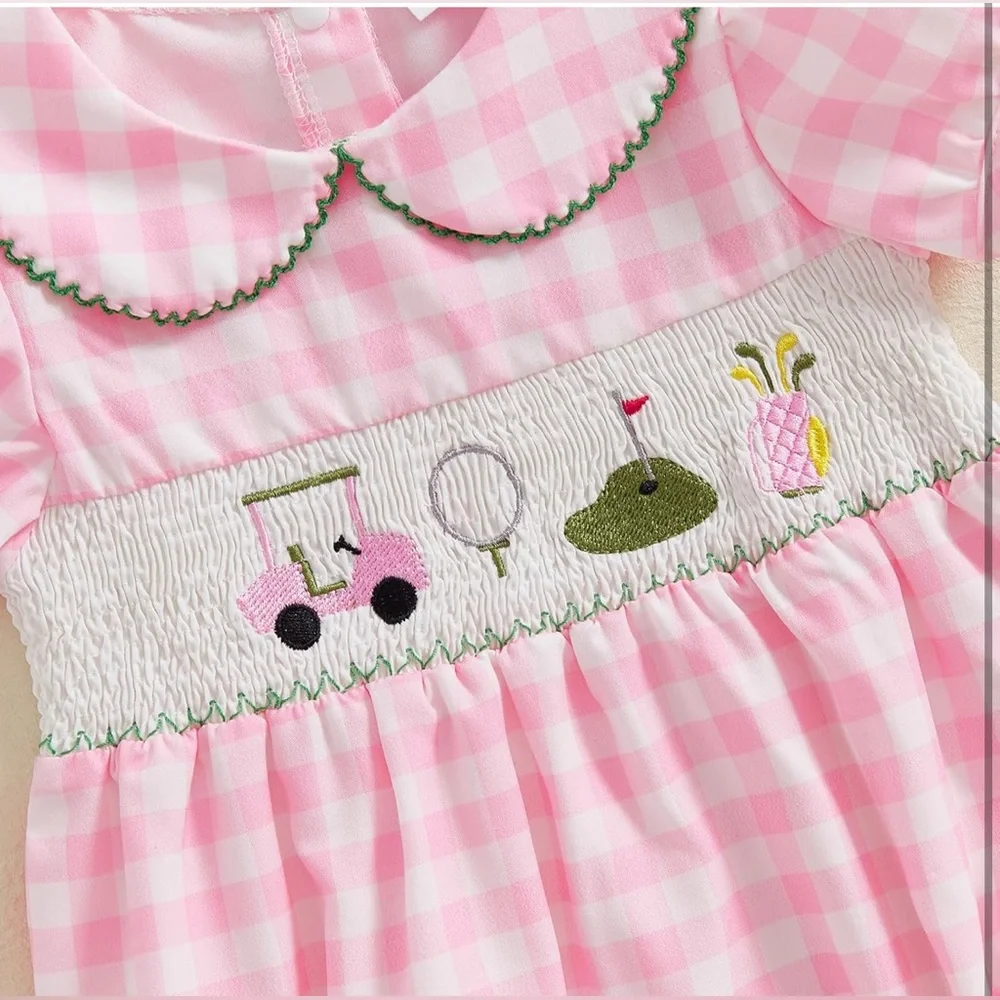 Pink Gingham Golf Themed Baby Romper - Picture 2 of 6